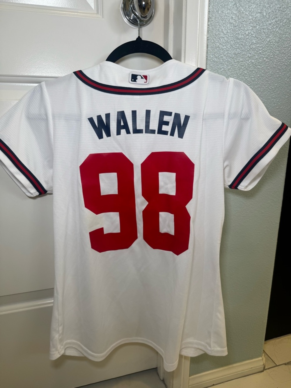 Nike White Braves Baseball Jersey with Red & Navy Trim Morgan Wallen Concert 98